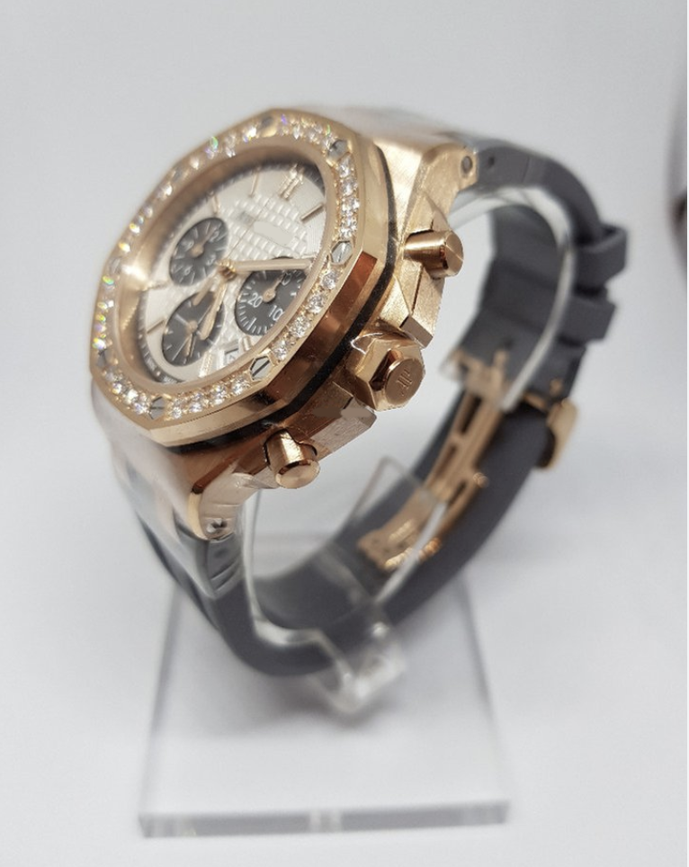 Best Swiss Clone Audemars Piguet Replica Royal Oak - Rose Gold/Diamond Offshore 37mm With Rubber Band - Replica Swiss Clones Watches